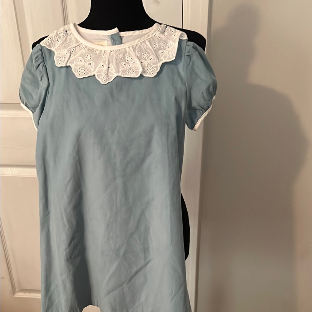 Blue Kids Casual Dress with White Lace Collar